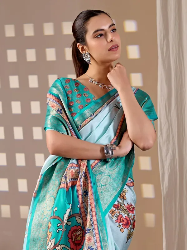 Sky_Blue_Lichi_Silk_Floral_Printed_Woven_Border_Saree_For_Women