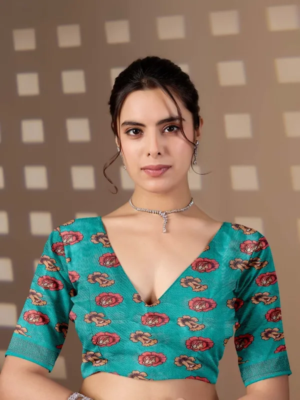 Sky_Blue_Lichi_Silk_Floral_Printed_Woven_Border_Saree_For_Women