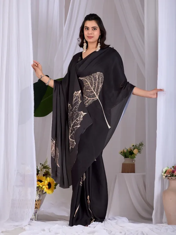 Black_Satin_Georgette_Leaf_Digital_Printed_Saree_For_Women