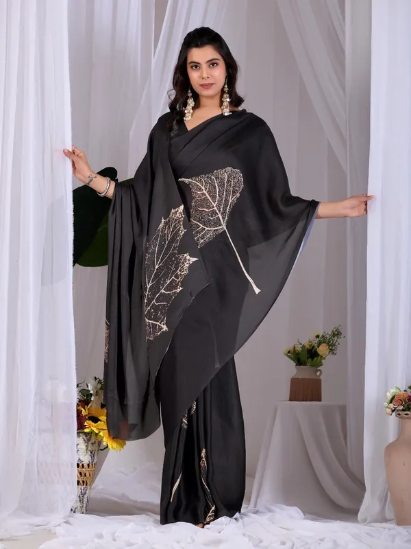 Black_Satin_Georgette_Leaf_Digital_Printed_Saree_For_Women