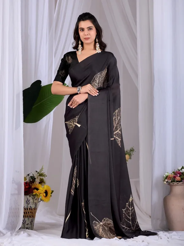 Black_Satin_Georgette_Leaf_Digital_Printed_Saree_For_Women