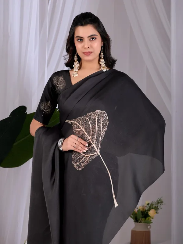 Black_Satin_Georgette_Leaf_Digital_Printed_Saree_For_Women