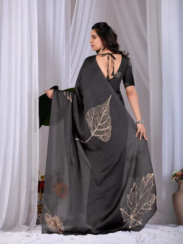 Black_Satin_Georgette_Leaf_Digital_Printed_Saree_For_Women