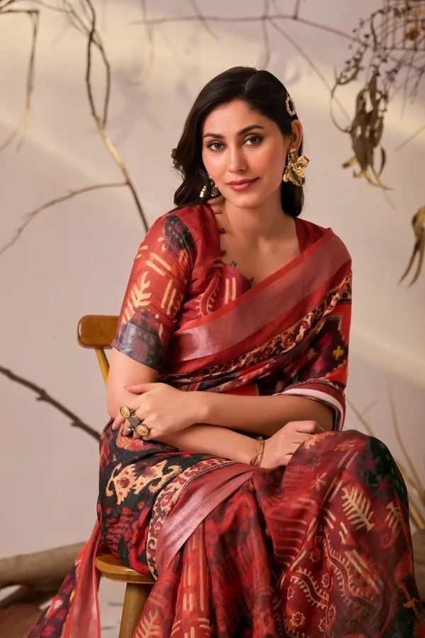 Orange_Linen_Cotton_Ikat_Digital_Printed_Patola_Saree_For_Women