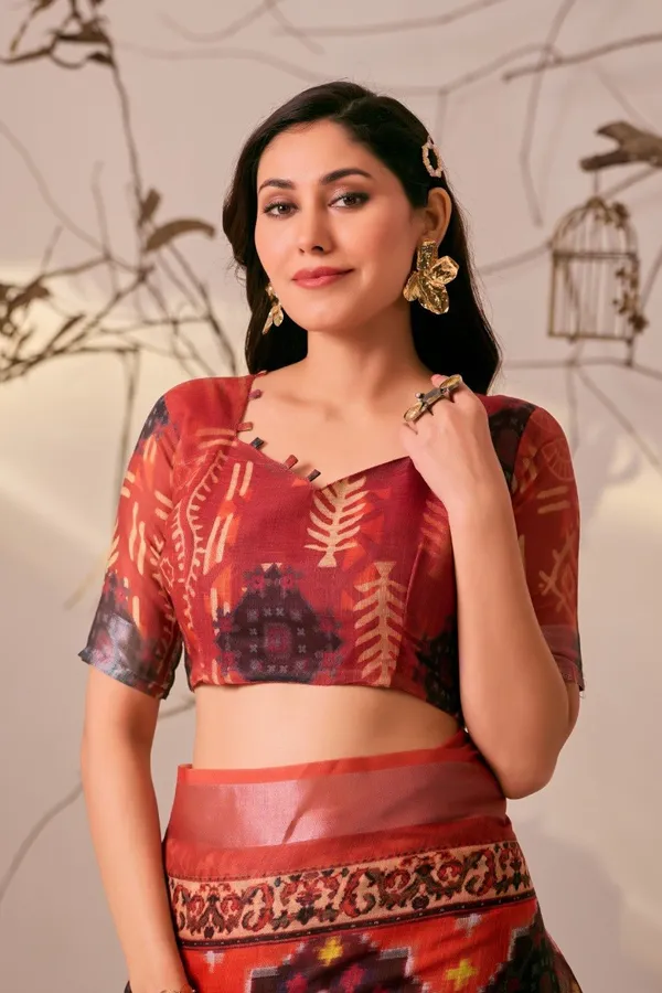 Orange_Linen_Cotton_Ikat_Digital_Printed_Patola_Saree_For_Women
