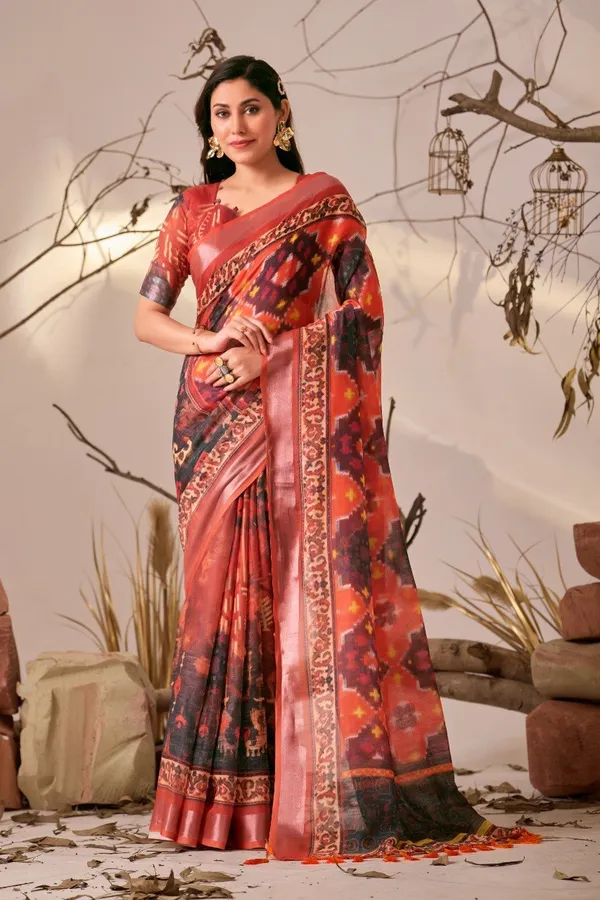 Orange_Linen_Cotton_Ikat_Digital_Printed_Patola_Saree_For_Women