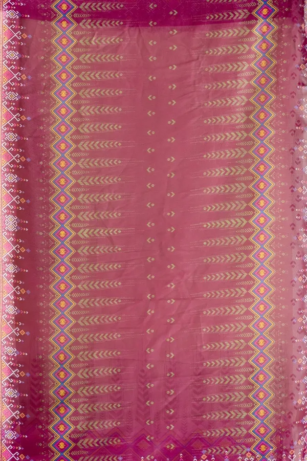 Cream_And_Pink_Georgette_Geometric_Printed_Tassel_Border_Saree_For_Women