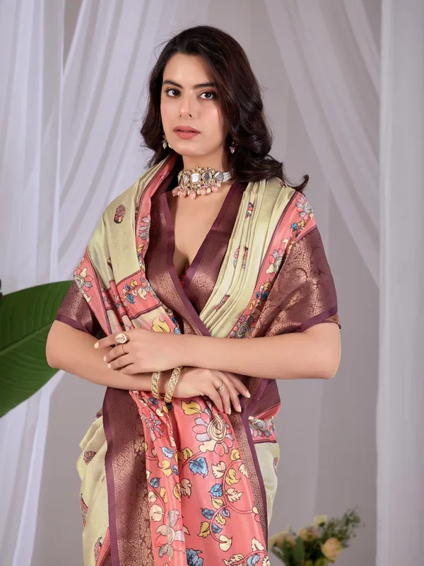Cream_And_Peach_Lichi_Silk_Floral_Printed_Woven_Border_Saree_For_Women
