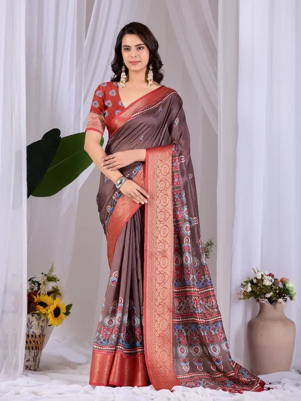 Brown_And_Red_Lichi_Silk_Ethnic_Motif_Printed_Woven_Border_Saree_For_Women