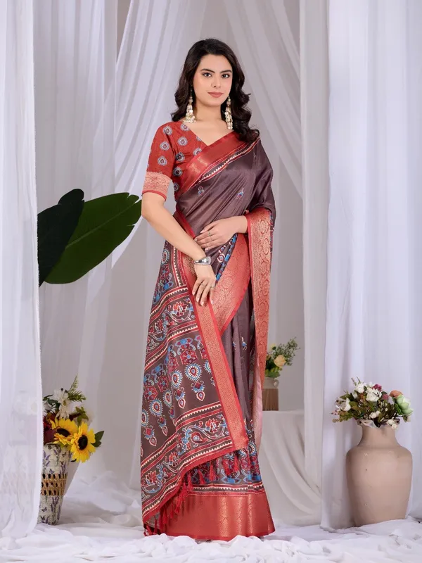 Brown_And_Red_Lichi_Silk_Ethnic_Motif_Printed_Woven_Border_Saree_For_Women