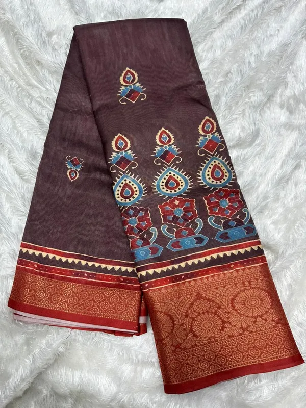Brown_And_Red_Lichi_Silk_Ethnic_Motif_Printed_Woven_Border_Saree_For_Women
