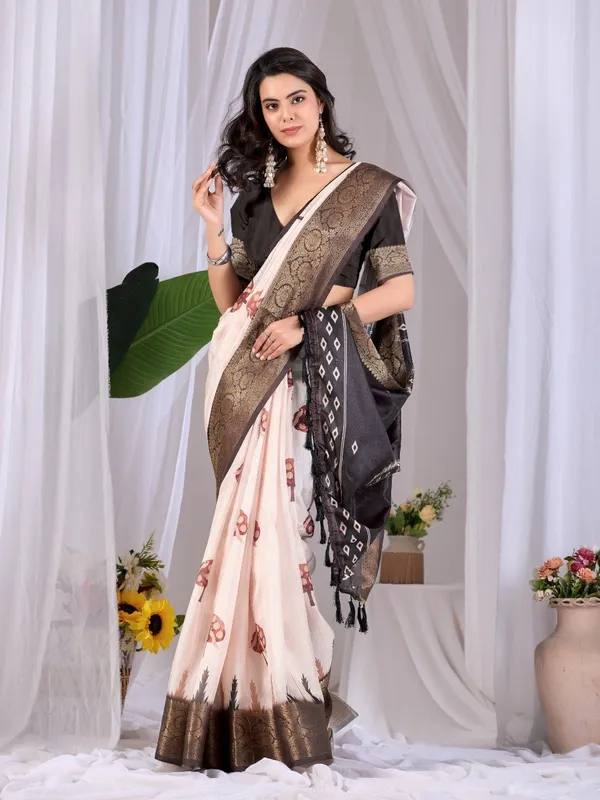 Cream_And_Black_Lichi_Silk_Ethnic_Motif_Printed_Woven_Border_Saree_For_Women