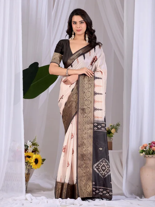 Cream_And_Black_Lichi_Silk_Ethnic_Motif_Printed_Woven_Border_Saree_For_Women