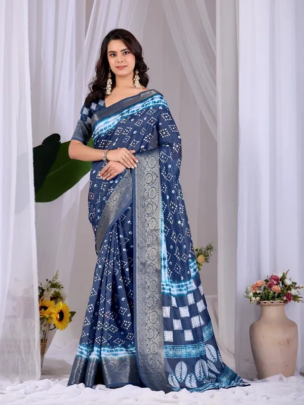 Navy_Blue_Lichi_Silk_Bandhani_Printed_Woven_Border_Saree_For_Women