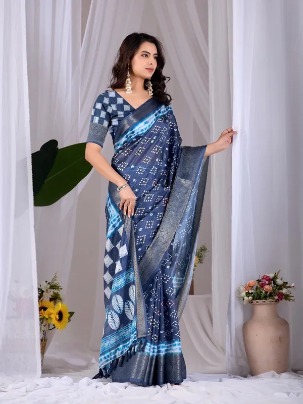 Navy_Blue_Lichi_Silk_Bandhani_Printed_Woven_Border_Saree_For_Women
