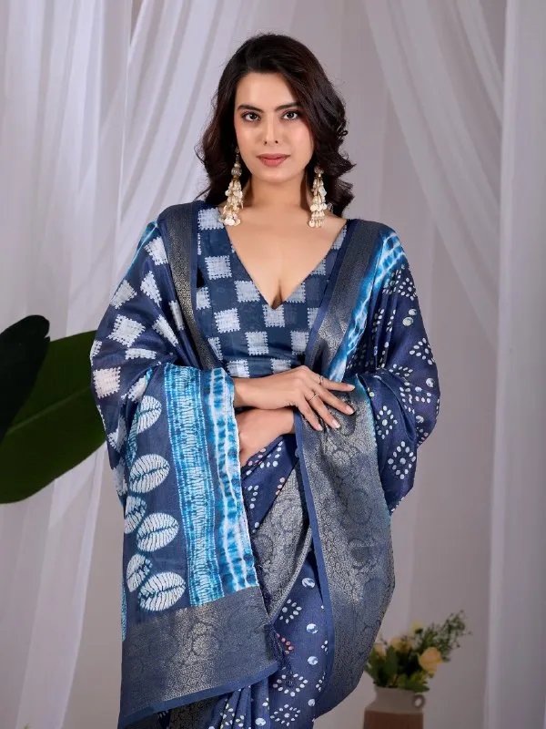 Navy_Blue_Lichi_Silk_Bandhani_Printed_Woven_Border_Saree_For_Women