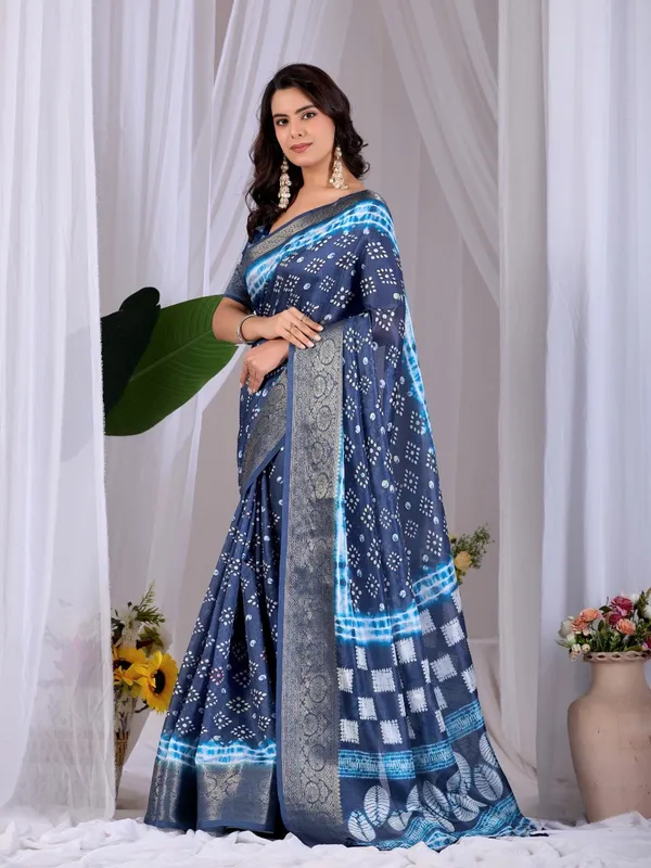 Navy_Blue_Lichi_Silk_Bandhani_Printed_Woven_Border_Saree_For_Women