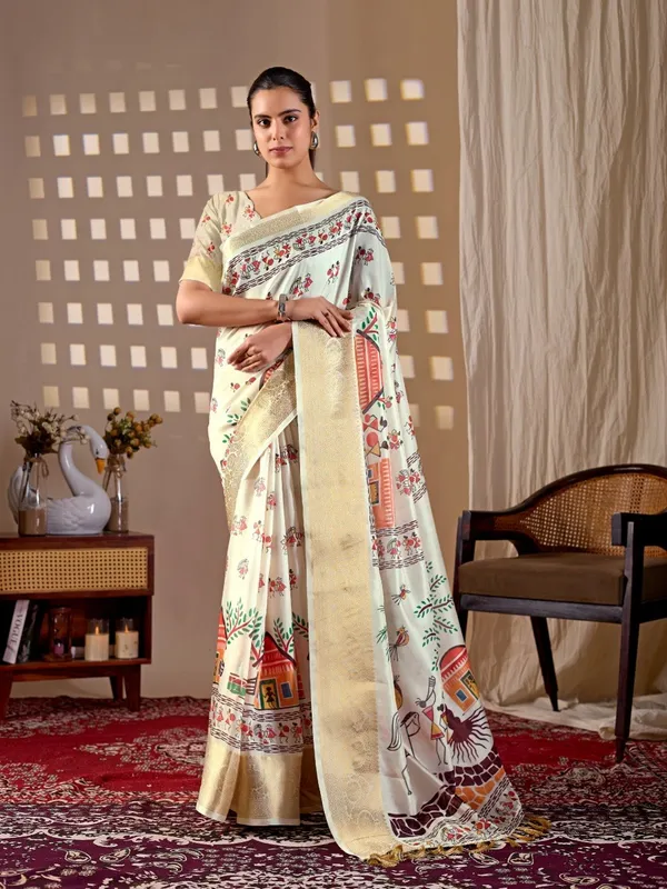 Cream_Lichi_Silk_Village_Art_Printed_Woven_Border_Saree_For_Women