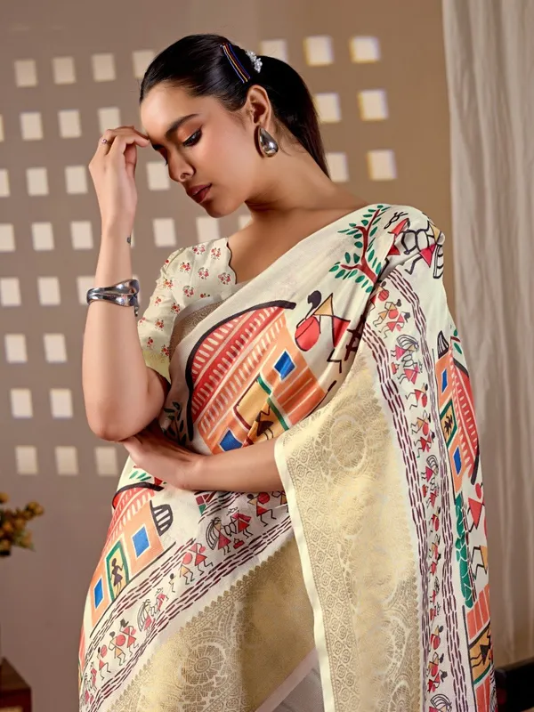 Cream_Lichi_Silk_Village_Art_Printed_Woven_Border_Saree_For_Women