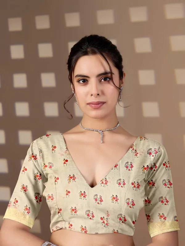 Cream_Lichi_Silk_Village_Art_Printed_Woven_Border_Saree_For_Women