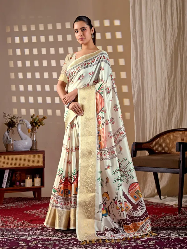 Cream_Lichi_Silk_Village_Art_Printed_Woven_Border_Saree_For_Women