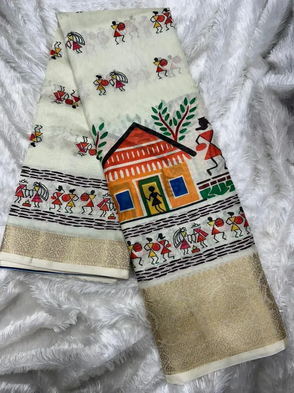 Cream_Lichi_Silk_Village_Art_Printed_Woven_Border_Saree_For_Women