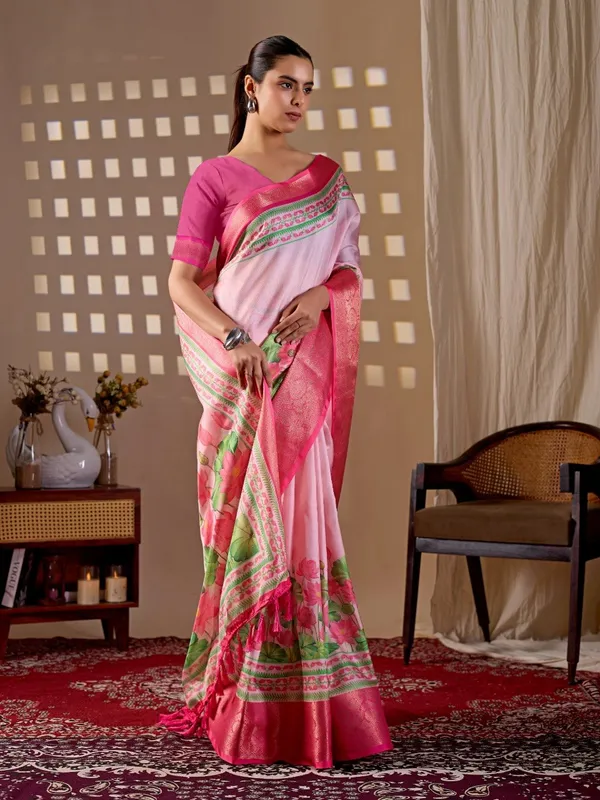 Pink_Lichi_Silk_Floral_Printed_Woven_Border_Saree_For_Women