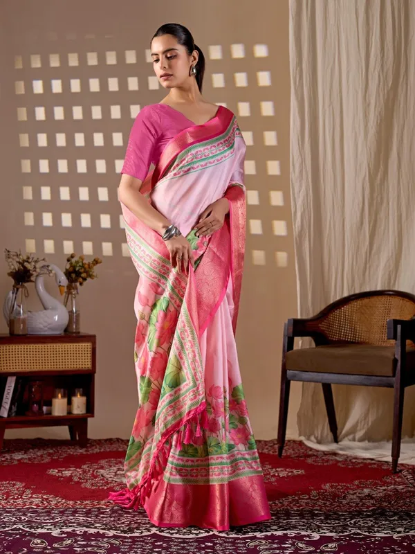 Pink_Lichi_Silk_Floral_Printed_Woven_Border_Saree_For_Women