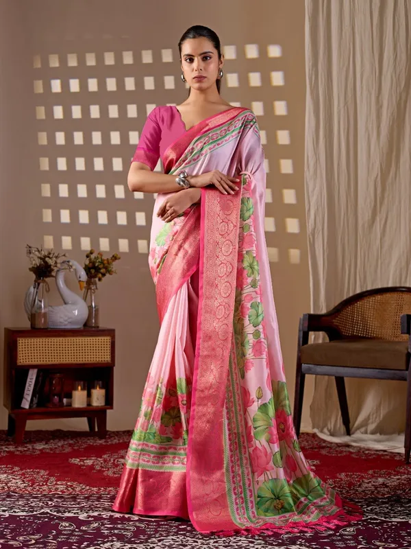 Pink_Lichi_Silk_Floral_Printed_Woven_Border_Saree_For_Women