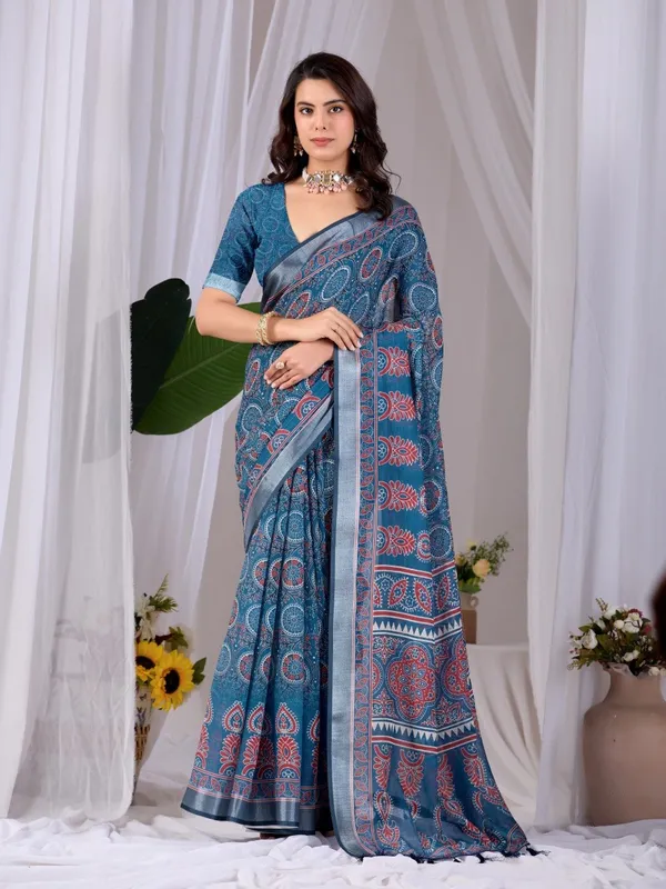 Blue_Linen_Cotton_Digital_Printed_Saree_For_Women
