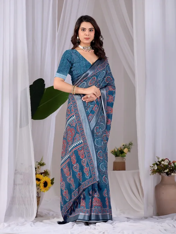 Blue_Linen_Cotton_Digital_Printed_Saree_For_Women