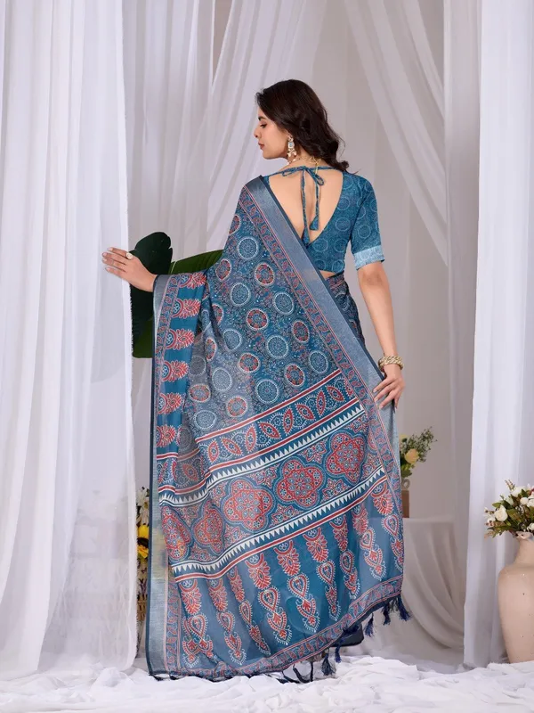 Blue_Linen_Cotton_Digital_Printed_Saree_For_Women