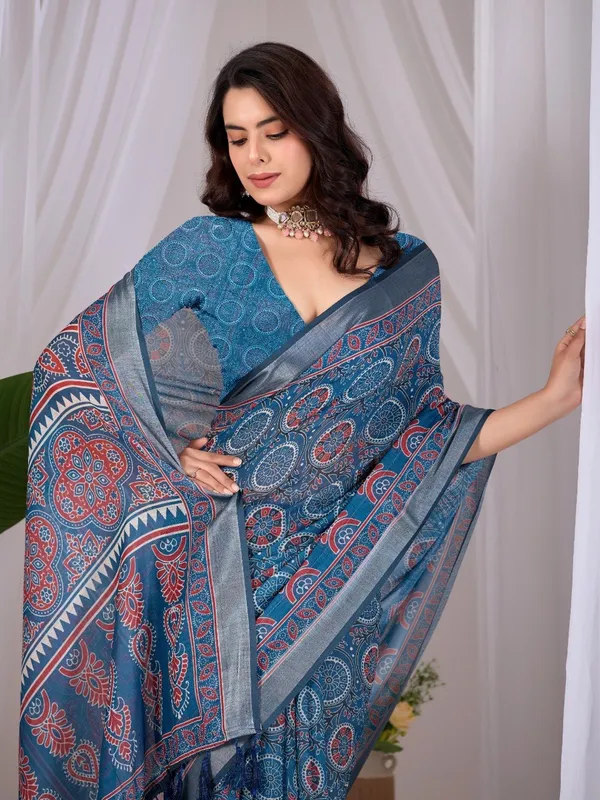 Blue_Linen_Cotton_Digital_Printed_Saree_For_Women