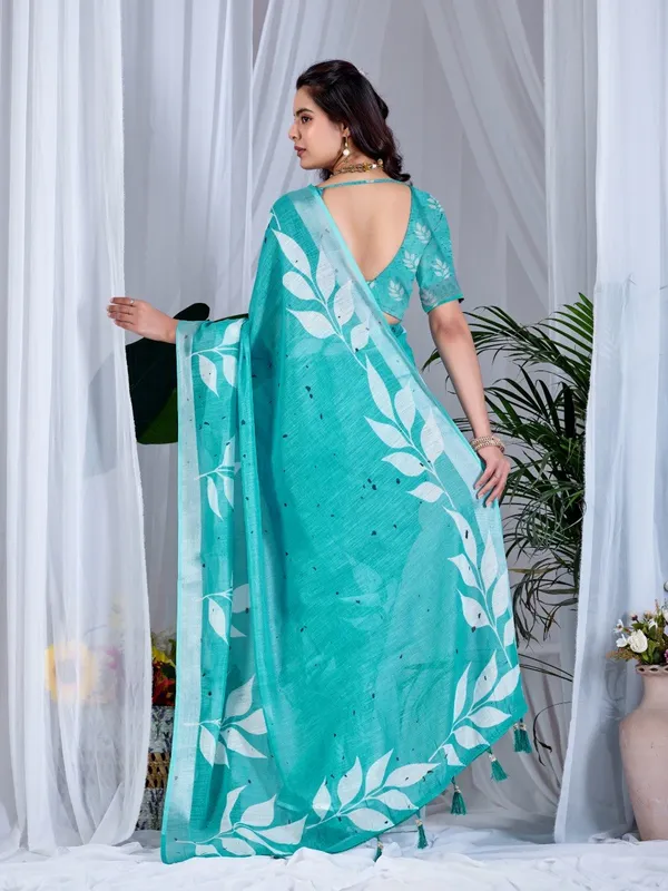 Aqua_Green_Linen_Cotton_Leafy_Digital_Printed_Contrast_Pallu_Saree_For_Women