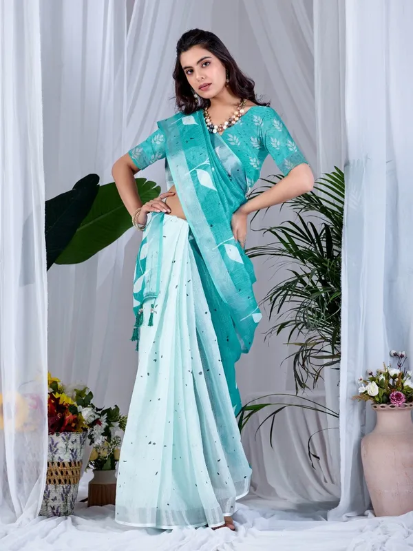Aqua_Green_Linen_Cotton_Leafy_Digital_Printed_Contrast_Pallu_Saree_For_Women