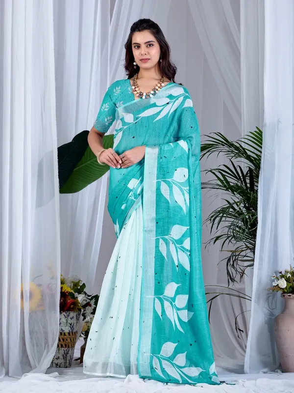 Aqua_Green_Linen_Cotton_Leafy_Digital_Printed_Contrast_Pallu_Saree_For_Women