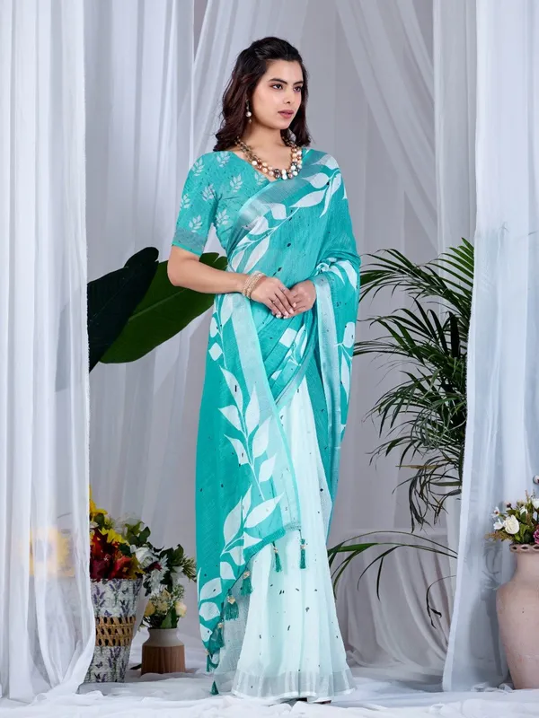Aqua_Green_Linen_Cotton_Leafy_Digital_Printed_Contrast_Pallu_Saree_For_Women