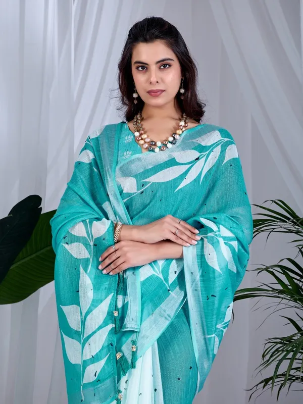 Aqua_Green_Linen_Cotton_Leafy_Digital_Printed_Contrast_Pallu_Saree_For_Women