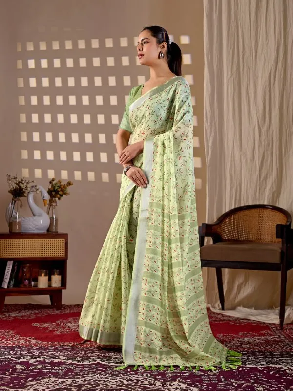 Pastel_Green_Linen_Cotton_Floral_Digital_Printed_Contrast_Border_Saree_For_Women