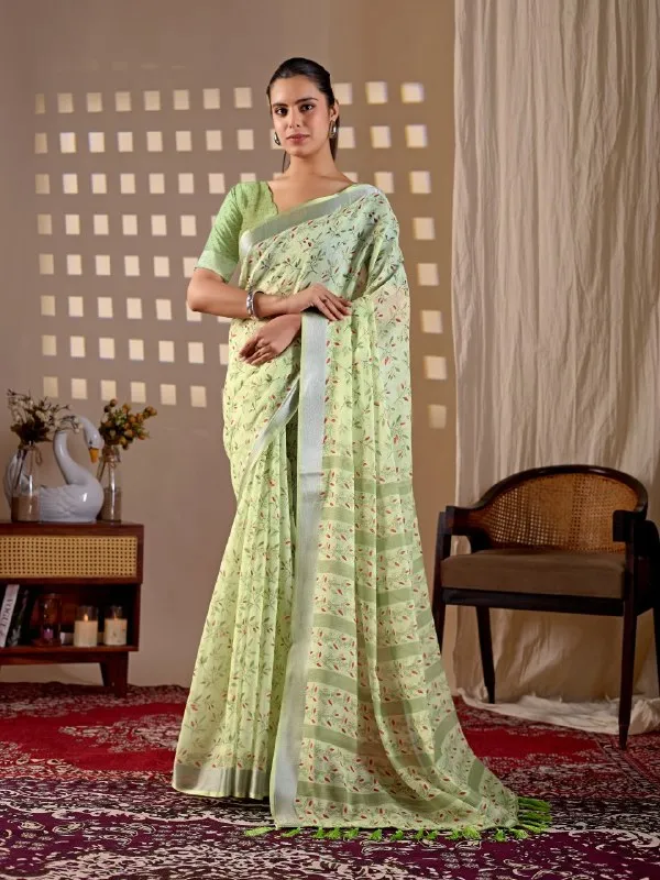 Pastel_Green_Linen_Cotton_Floral_Digital_Printed_Contrast_Border_Saree_For_Women
