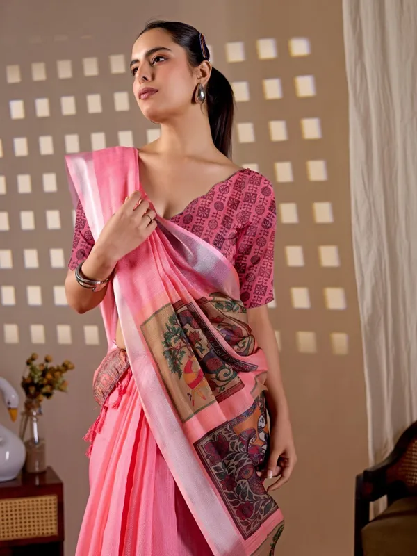 Pink_Linen_Cotton_Traditional_Motif_Printed_Saree_For_Women