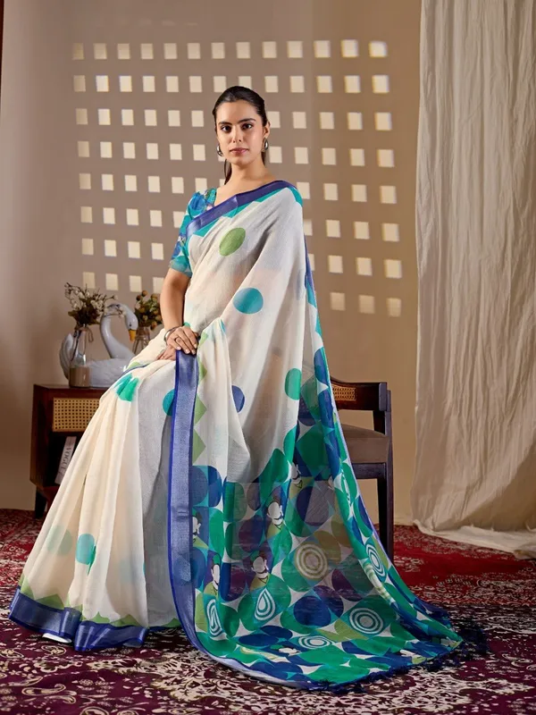 Cream_And_Green_Linen_Cotton_Abstract_Digital_Printed_Saree_For_Women