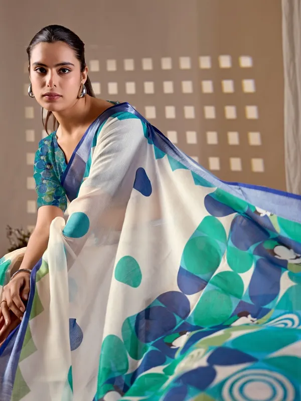 Cream_And_Green_Linen_Cotton_Abstract_Digital_Printed_Saree_For_Women