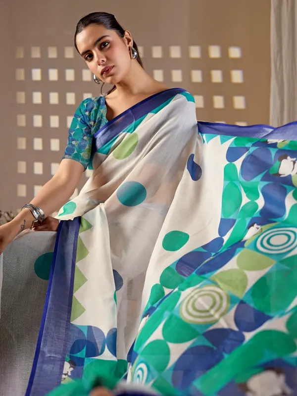 Cream_And_Green_Linen_Cotton_Abstract_Digital_Printed_Saree_For_Women