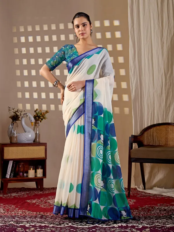 Cream_And_Green_Linen_Cotton_Abstract_Digital_Printed_Saree_For_Women