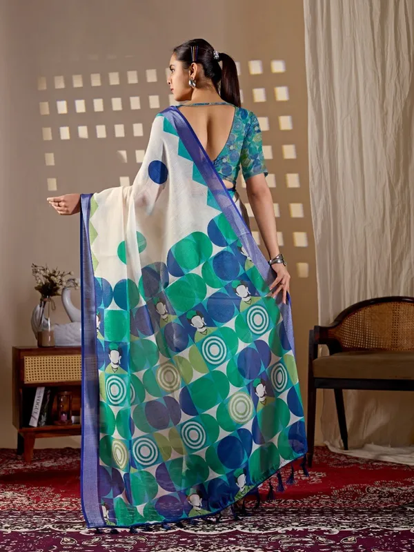 Cream_And_Green_Linen_Cotton_Abstract_Digital_Printed_Saree_For_Women