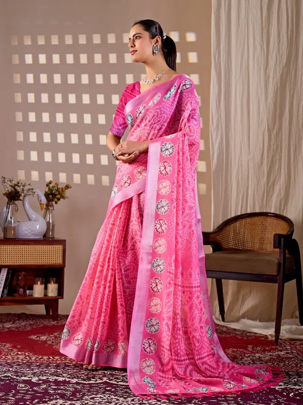 Pink_Linen_Cotton_Bandhani_Inspired_Digital_Printed_Saree_For_Women
