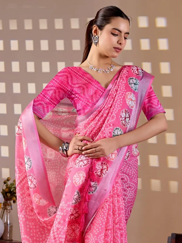 Pink_Linen_Cotton_Bandhani_Inspired_Digital_Printed_Saree_For_Women