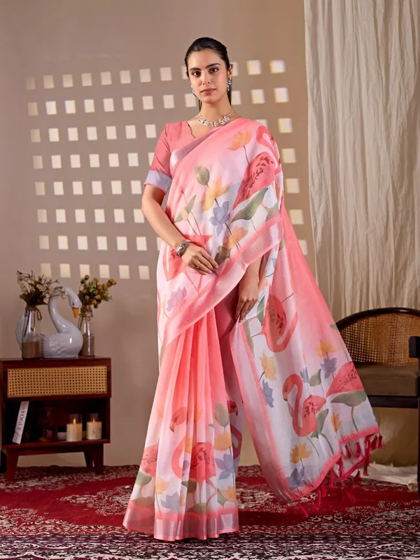 Peach_And_Pink_Linen_Cotton_Flamingo_Floral_Printed_Saree_For_Women