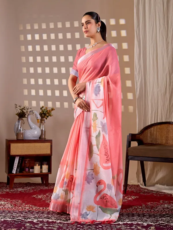 Peach_And_Pink_Linen_Cotton_Flamingo_Floral_Printed_Saree_For_Women